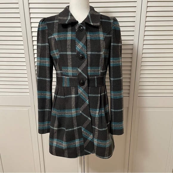 Tulle Anthropologie M Peacoat Plaid Grey Blue J8003F Jacket Coat Pockets - Picture 1 of 16
